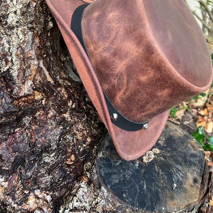 Men's Brown Leather Top Hat With Black Studded Hat Band