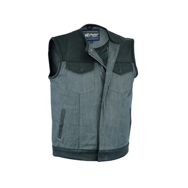 Men’s Perforated Leather/Denim Combo Vest (Black/ Ash Gray) - MARA Leather