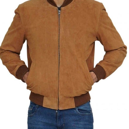 Men's Suede Leather Brown Bomber Jacket
