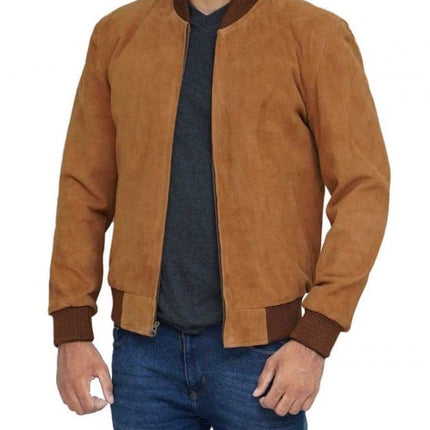 Men's Suede Leather Brown Bomber Jacket