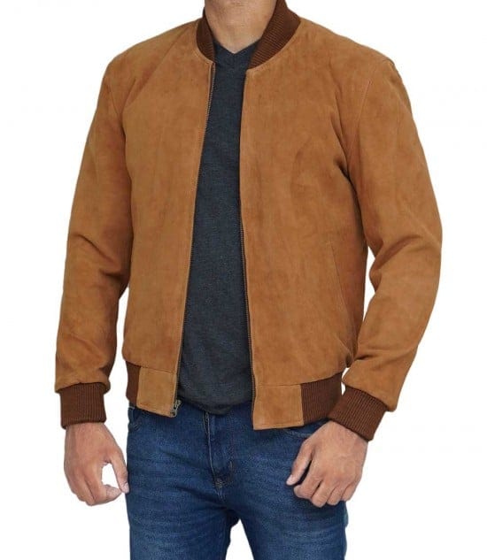 Men's Suede Leather Brown Bomber Jacket