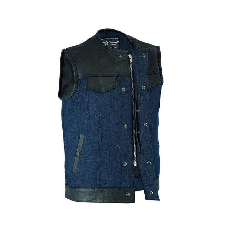 Men’s Leather/Denim Combo Vest (Black/Broken Blue) - MARA Leather