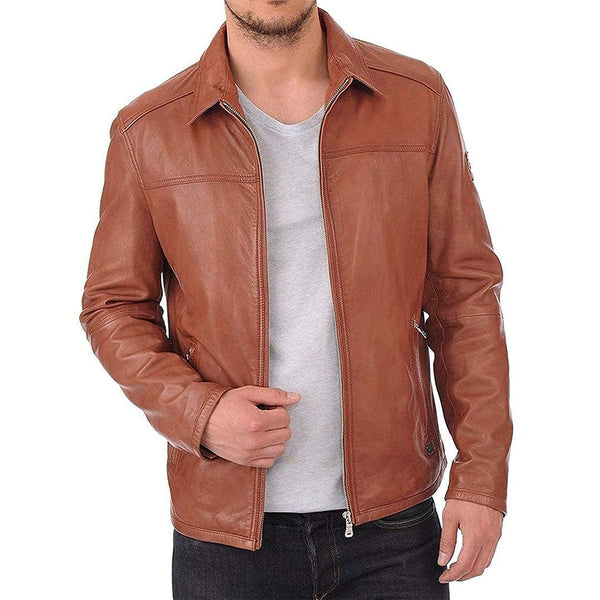 Men's Genuine  Leather Solid Biker Style Casual Jacket