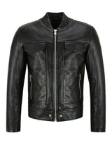 Men Bomber Leather Jacket Black Casual Tops Real Leather Jacket