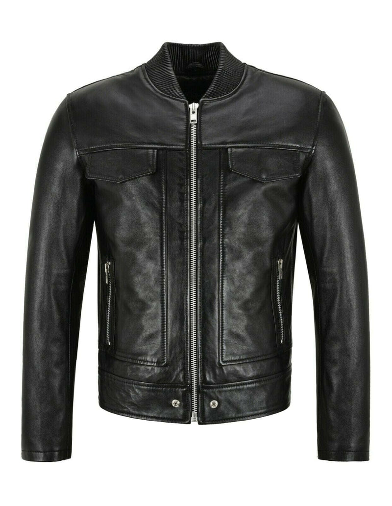 Men Bomber Leather Jacket Black Casual Tops Real Leather Jacket