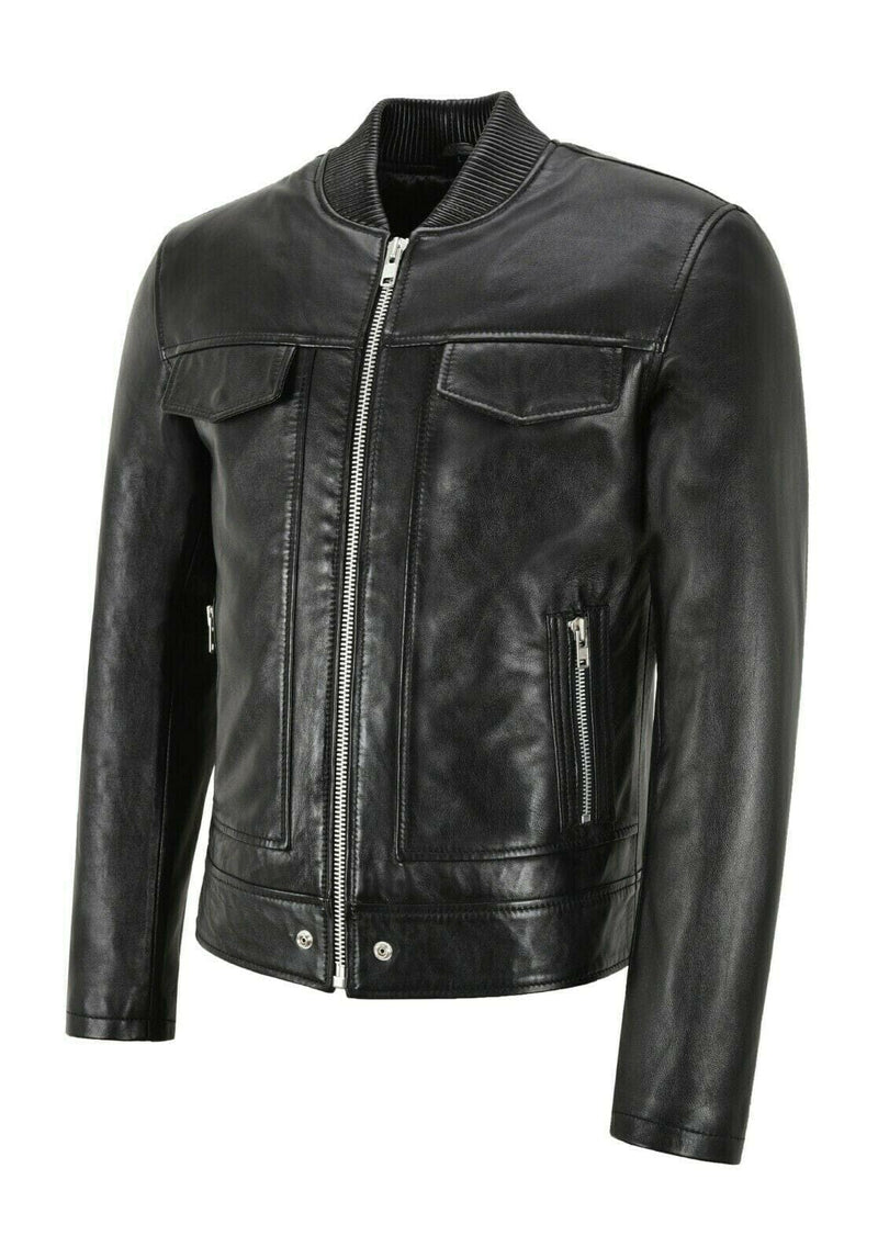 Men Bomber Leather Jacket Black Casual Tops Real Leather Jacket