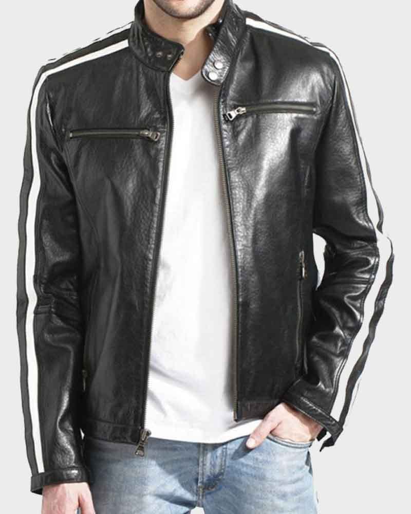 Men's Snap Tab Collar Motorcycle Style Jacket with Striped Sleeves - MARA Leather