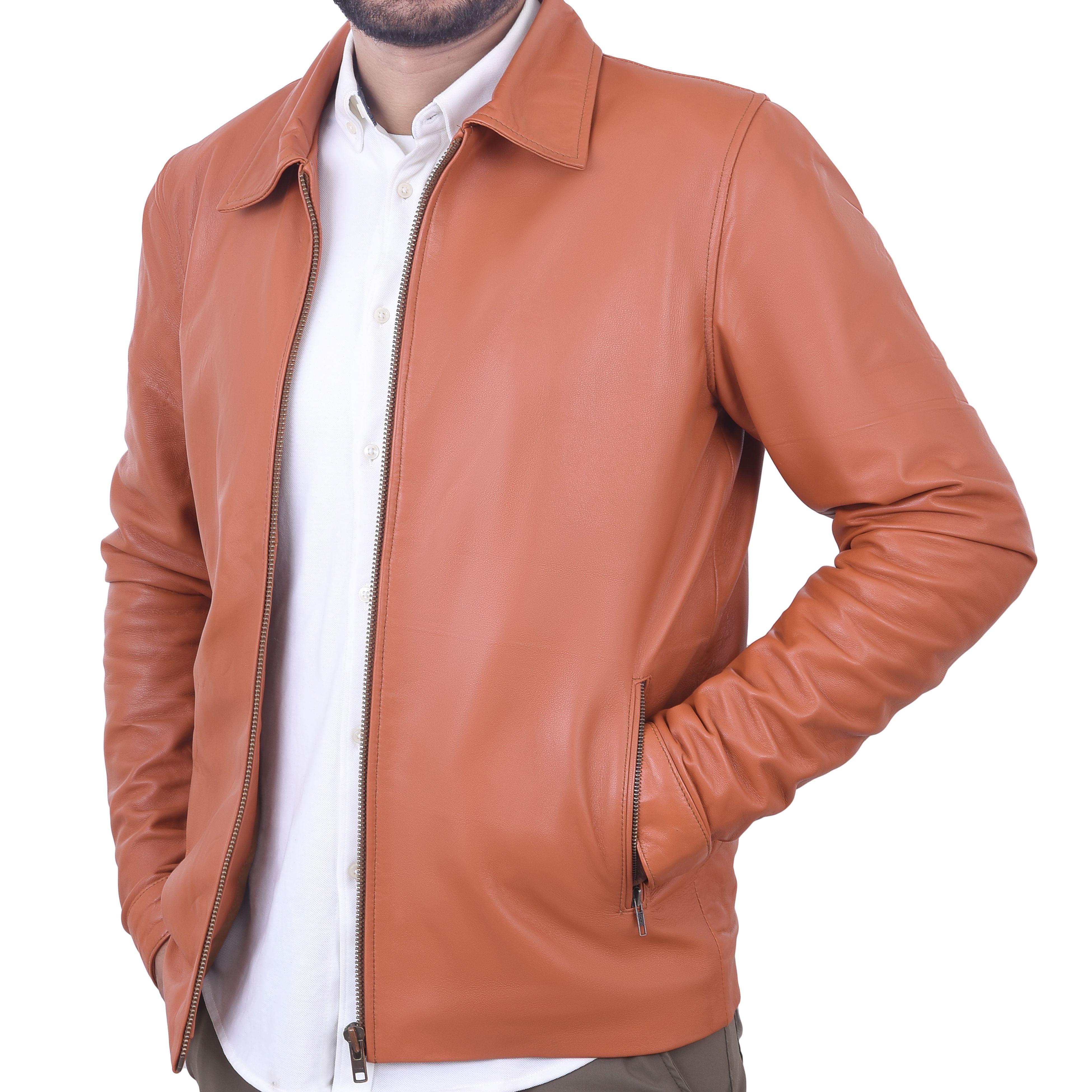 Men's Spread Collar Slim Fit Brown Genuine Leather Fashion Jacket - 3X-Large / Brown Men's Spread Collar Slim Fit Brown Genuine Leather Fashion Jacket - 3X-Large / Brown