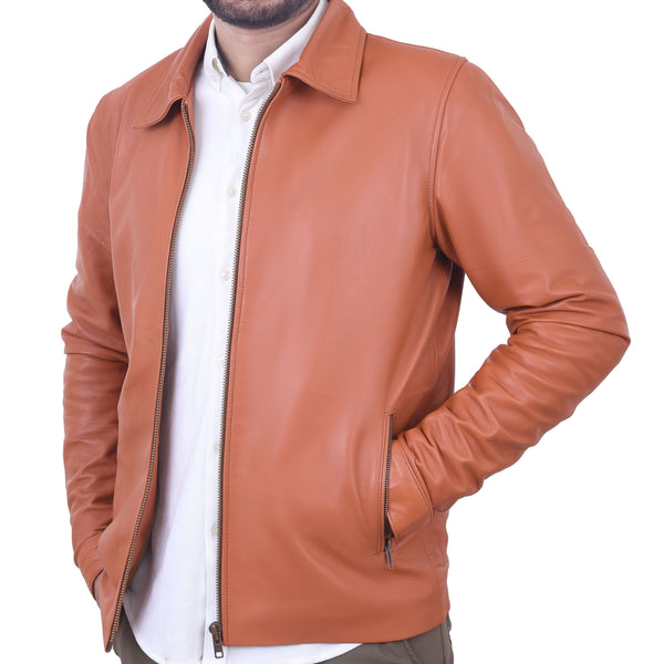 Men's Spread Collar Slim Fit Brown Genuine Leather Fashion Jacket - MARA Leather