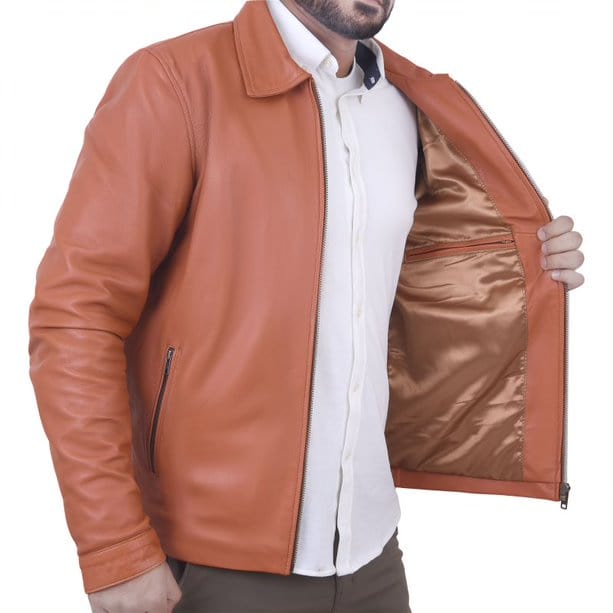 Men's Spread Collar Slim Fit Brown Genuine Leather Fashion Jacket - MARA Leather