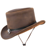Vintage Style 100% Genuine Leather Brown Top Hat with Decorative Star Hatband - MARA Leather