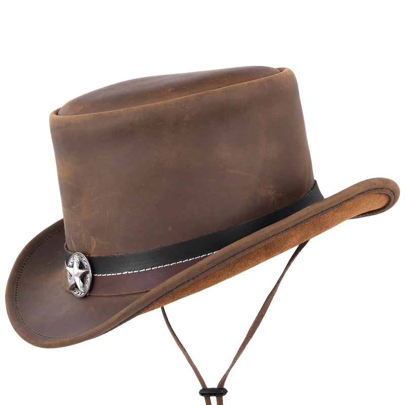 Vintage Style 100% Genuine Leather Brown Top Hat with Decorative Star Hatband - MARA Leather