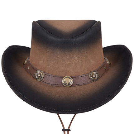 Two Tone Genuine Leather Western Style Cowboy Hat With Buffalo Nickel Band - MARA Leather