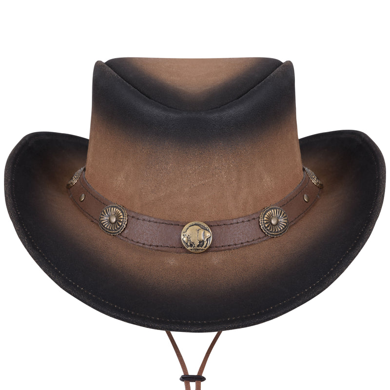 Two Tone Genuine Leather Western Style Cowboy Hat With Buffalo Nickel Band - MARA Leather