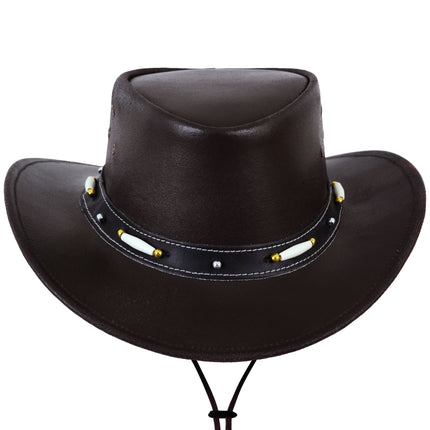 Bush Hat Black Genuine Leather Western Cowboy Hat with Beaded Hat Band - MARA Leather