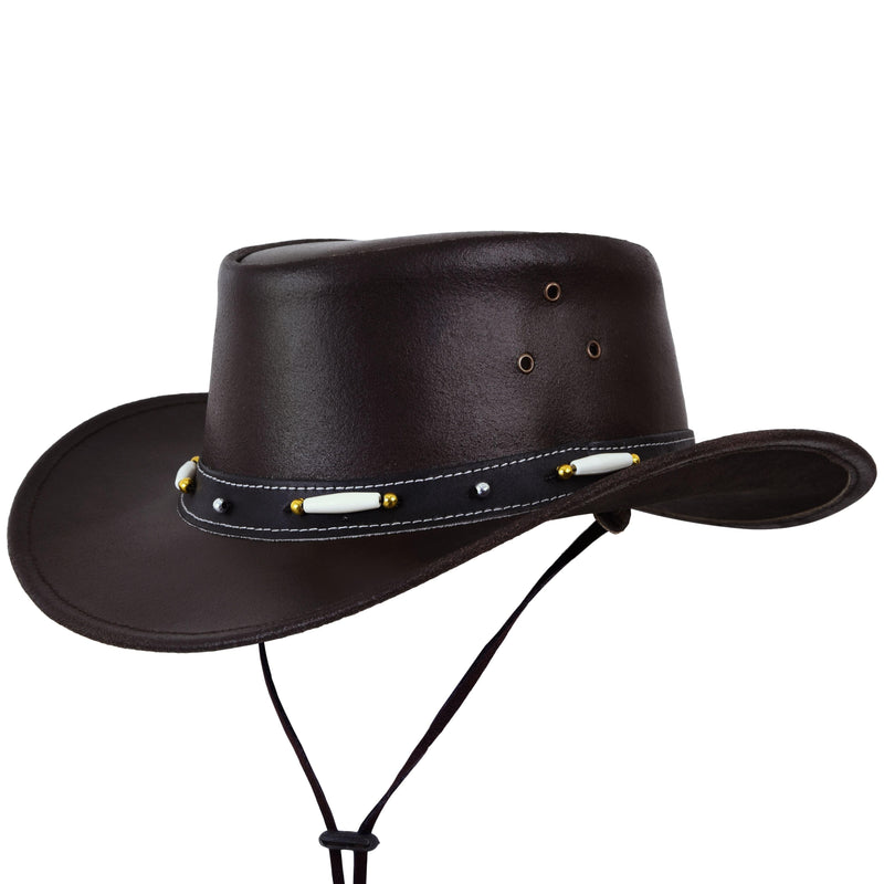 Bush Hat Black Genuine Leather Western Cowboy Hat with Beaded Hat Band - MARA Leather