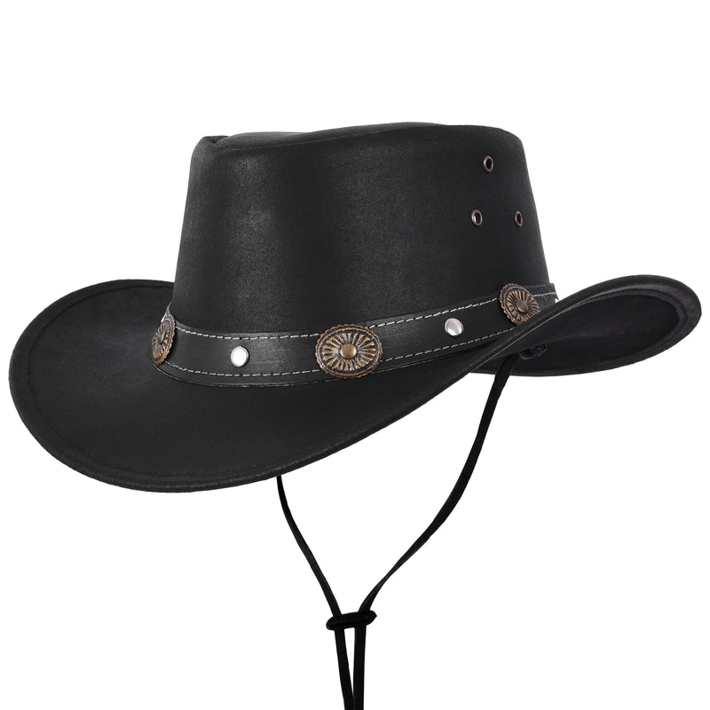 Genuine Black Leather Western Style Cowboy Hat With Conchos Band - MARA Leather