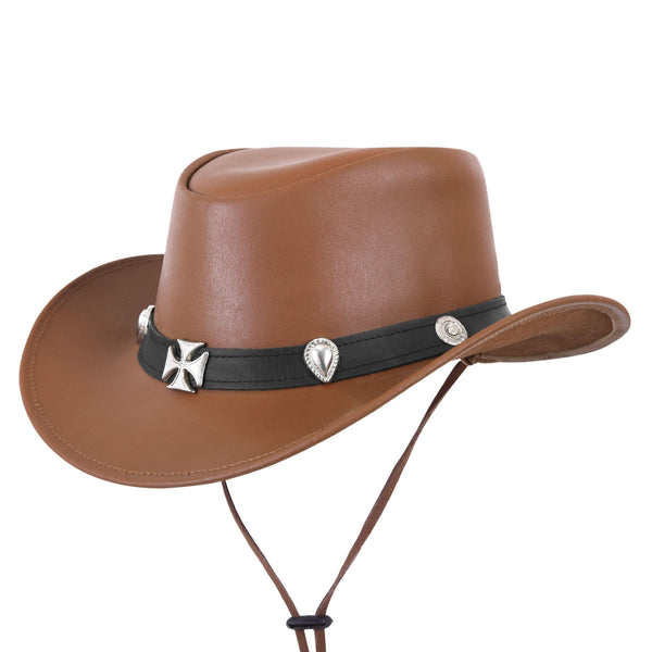 Brown Genuine Leather Western Cowboy Hat with Decorative Band - MARA Leather