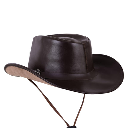 Brown Genuine Leather Indiana Jones Western Style Cowboy Hat - MARA Leather
