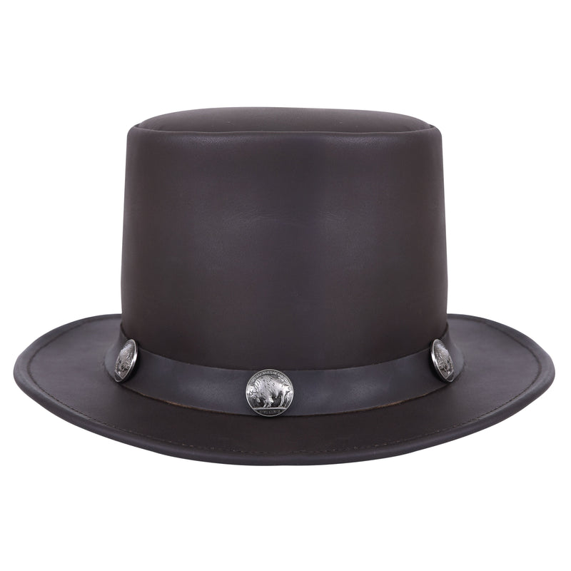 Cowhide Leather Top Hat With Buffalo Nickel Band - Brown - MARA Leather