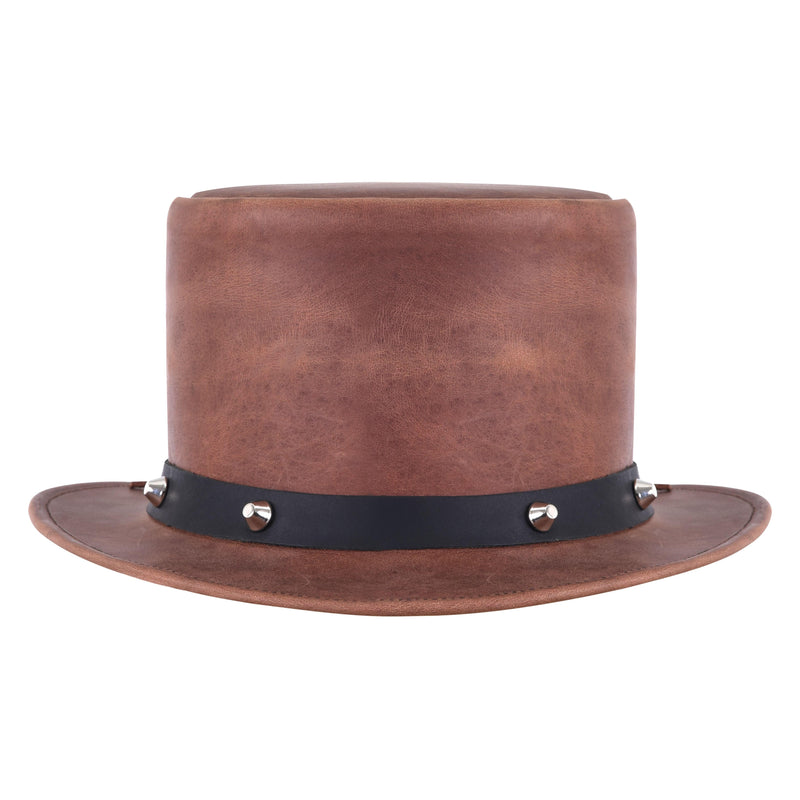 Men's Brown Leather Top Hat With Black Studded Hat Band