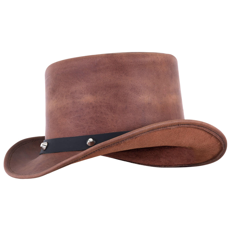 Men's Brown Leather Top Hat With Black Studded Hat Band