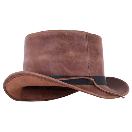 Men's Brown Leather Top Hat With Black Studded Hat Band