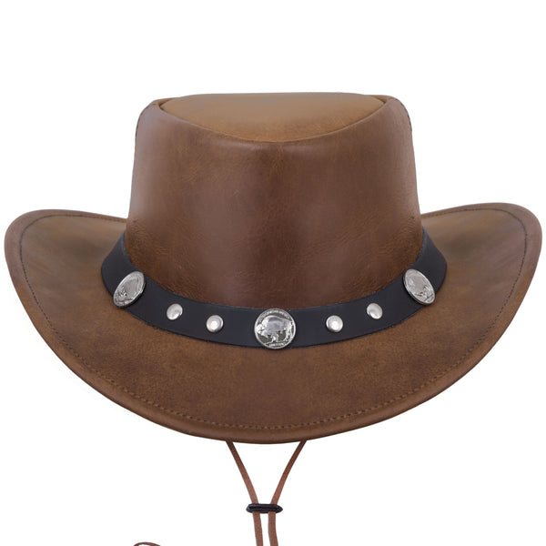 Brown Genuine Leather Western Style Cowboy Hat with Buffalo Nickel Hat Band - MARA Leather