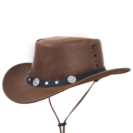 Brown Genuine Leather Western Style Cowboy Hat with Buffalo Nickel Hat Band - MARA Leather
