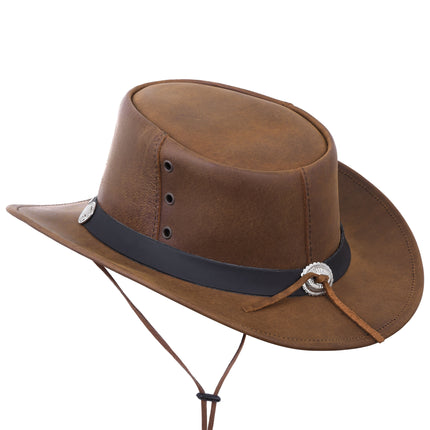 Brown Genuine Leather Western Style Cowboy Hat with Buffalo Nickel Hat Band - MARA Leather