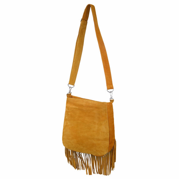 Native American Suede Fringed Handbag Yellow Suede Shoulder Bag - MARA Leather