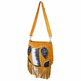 Native American Suede Fringed Handbag Yellow Suede Shoulder Bag - MARA Leather
