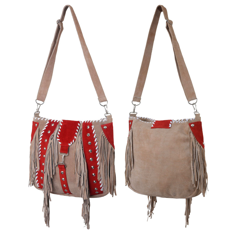 Ladies Red Suede Leather Western Style Handbag With Fringes and Studs - MARA Leather
