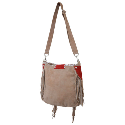 Ladies Red Suede Leather Western Style Handbag With Fringes and Studs - MARA Leather