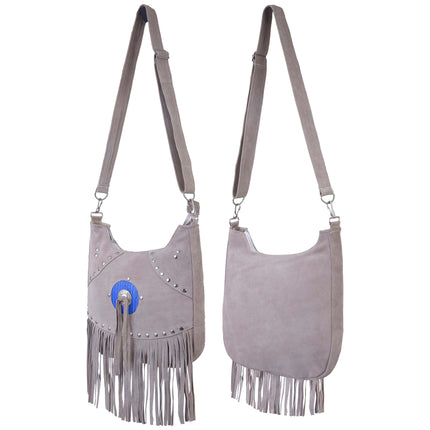 Ladies Grey Suede Leather Western Style Handbag With Fringes and Studs - MARA Leather