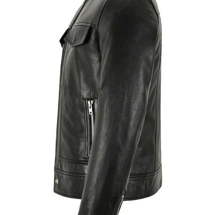 Men Bomber Leather Jacket Black Casual Tops Real Leather Jacket
