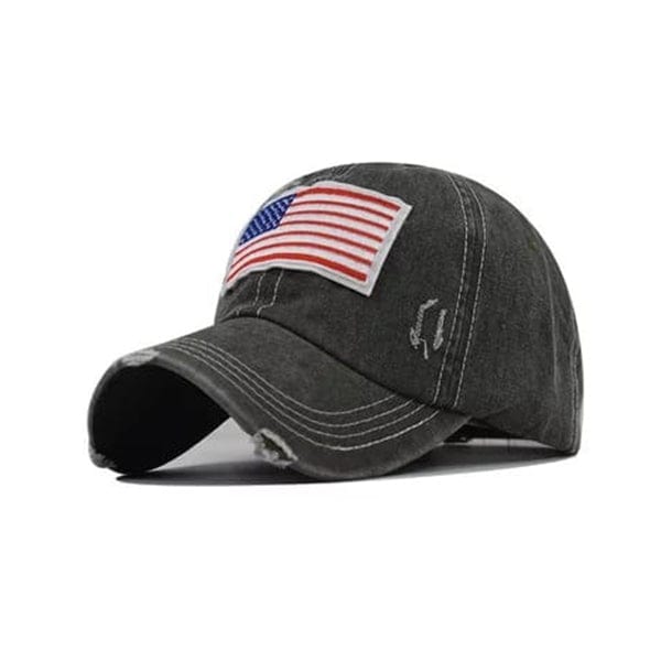 USA Flag Embroidered Distressed Denim Baseball Style Cap - Gray - MARA Leather
