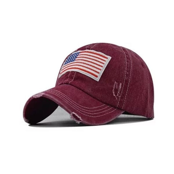 USA Flag Embroidered Distressed Denim Baseball Style Cap - Red