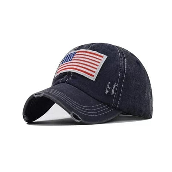 USA Flag Embroidered Distressed Denim Baseball Style Cap - Blue