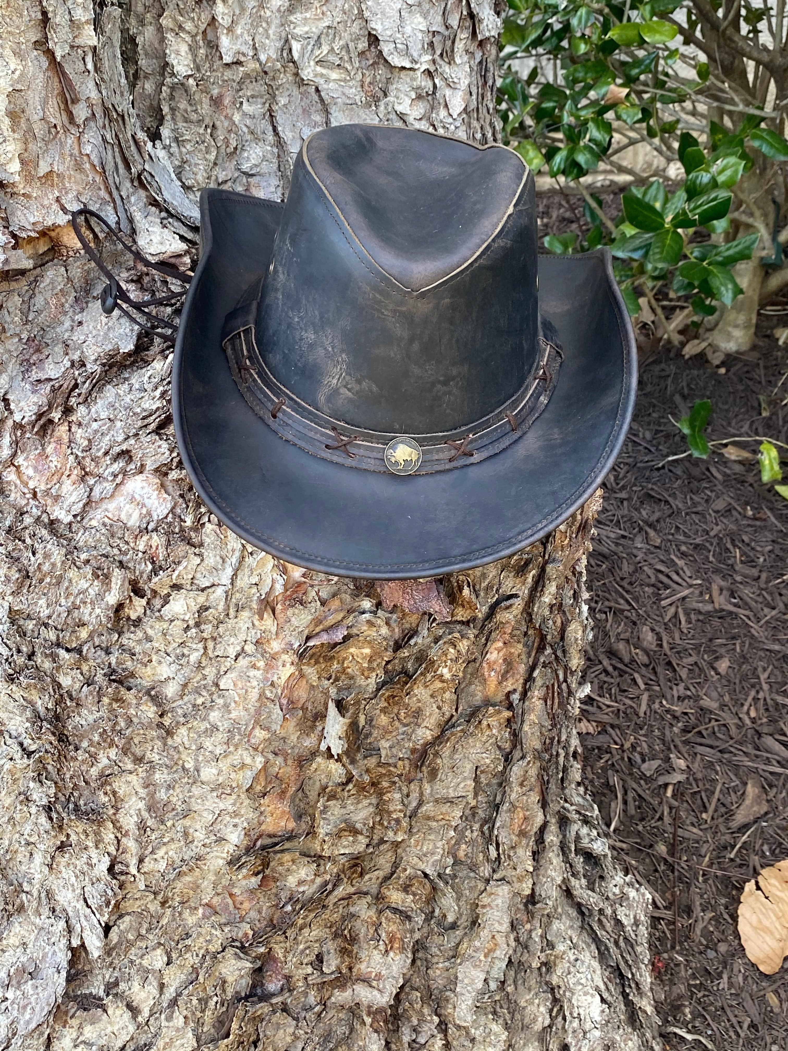 Rustic R Leather Hat Ruff Ryders Hat - Outback Distressed Black Leather Cowboy Hat – MARA ...