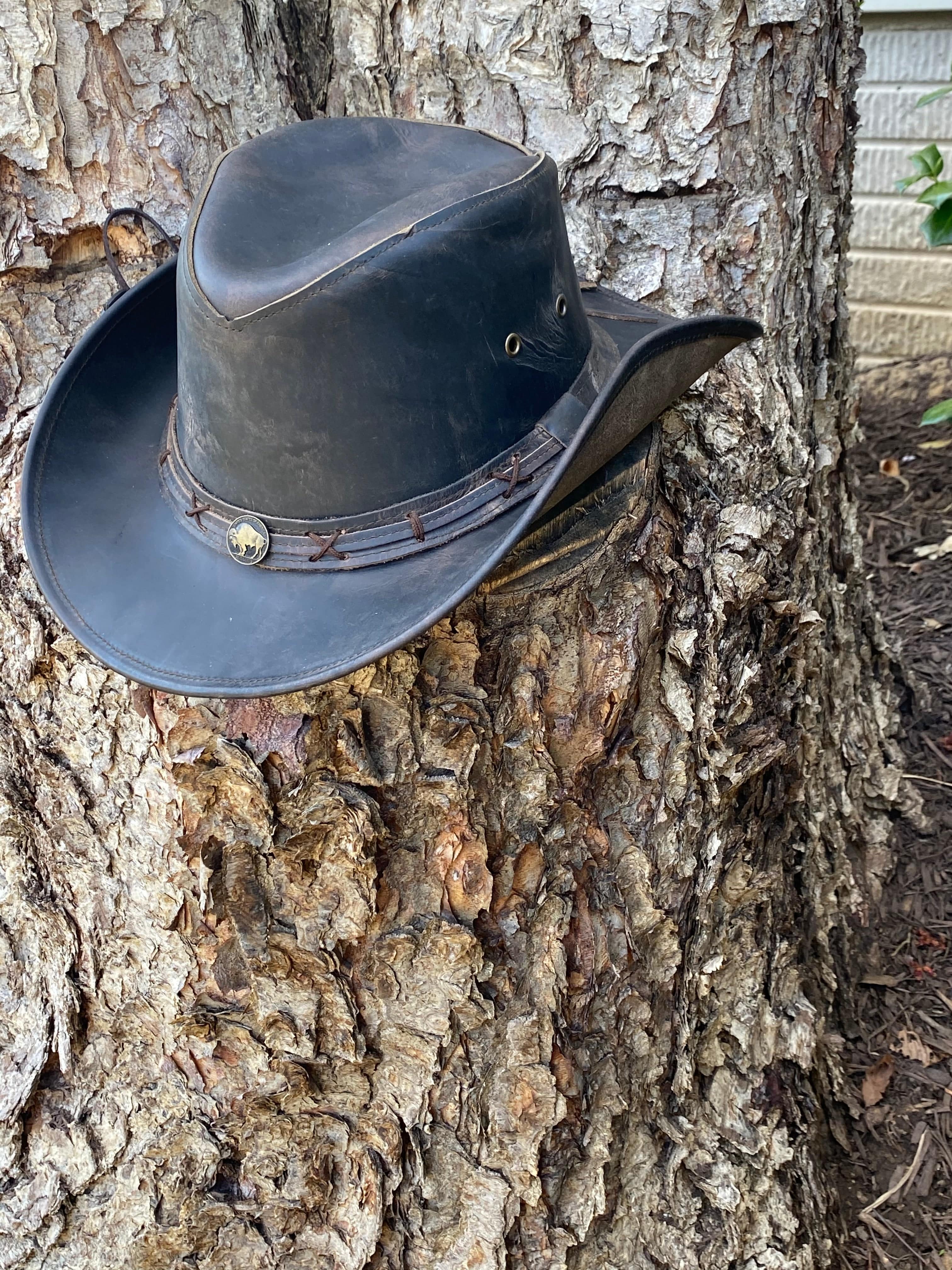Rustic R Leather Hat Ruff Ryders Hat - Outback Distressed Black Leather Cowboy Hat – MARA ...