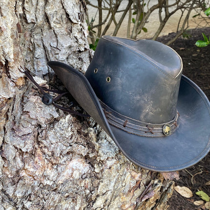 Ruff Rider Hat - Outback Leather Distressed Black Cowboy Hat