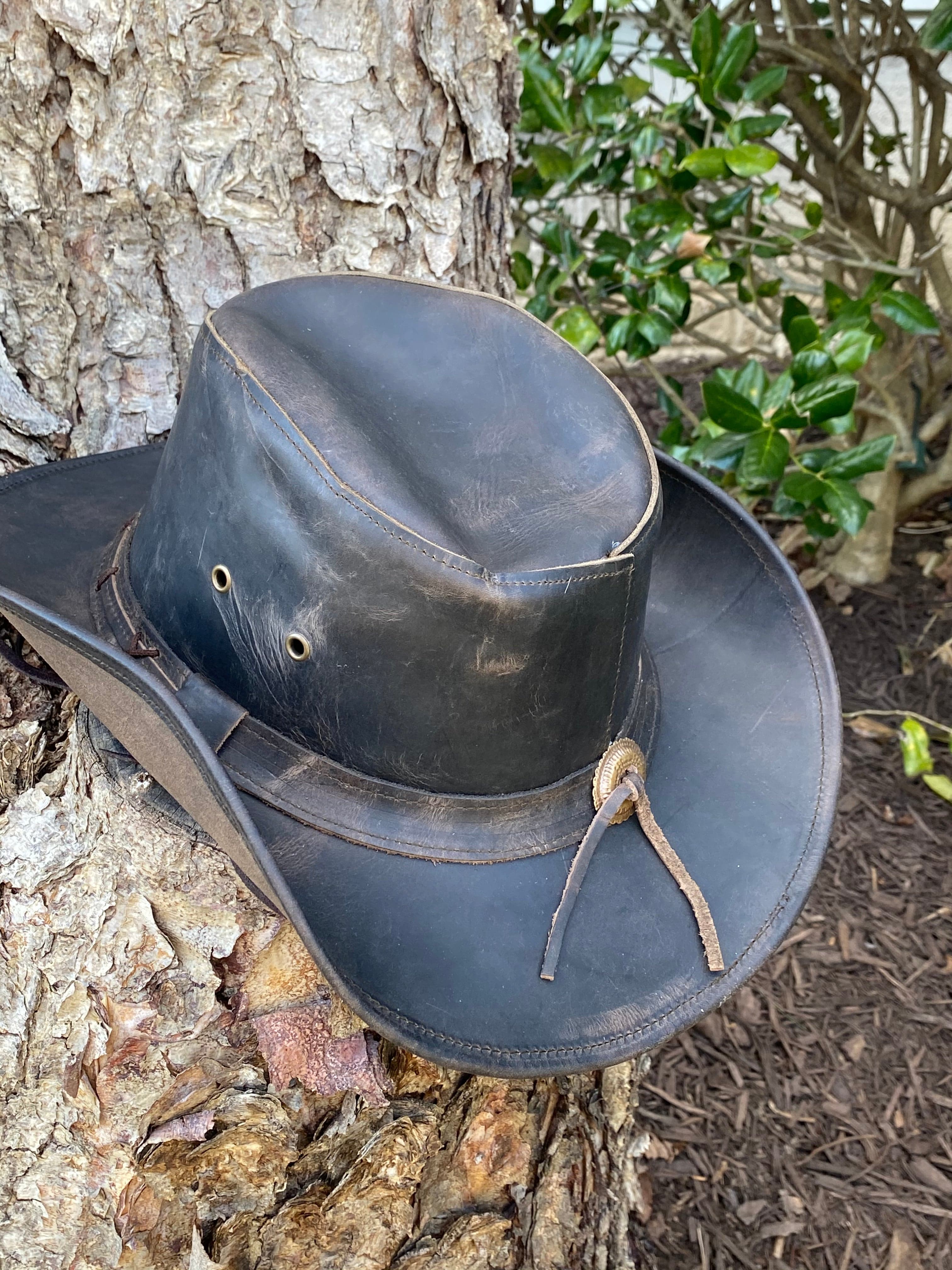 Rustic R Leather Hat Ruff Ryders Hat - Outback Distressed Black Leather Cowboy Hat – MARA ...