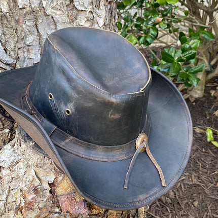 Ruff Rider Hat - Outback Leather Distressed Black Cowboy Hat