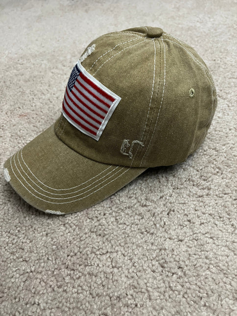 USA Flag Embroidered Distressed Denim Baseball Style Cap - Khaki
