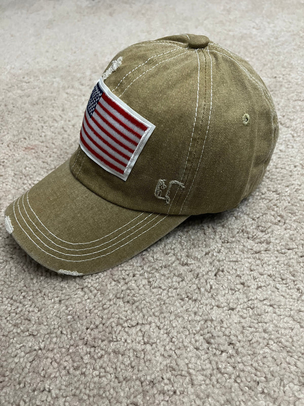 USA Flag Embroidered Distressed Denim Baseball Style Cap - Khaki