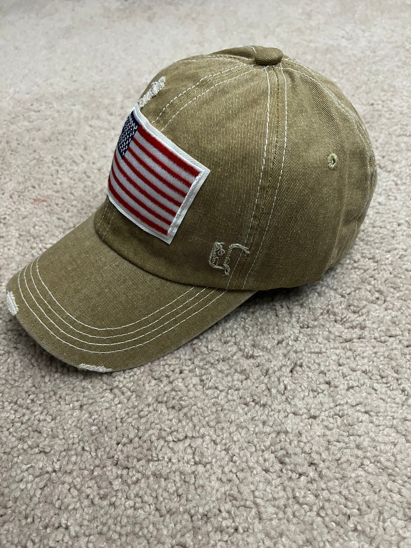 USA Flag Embroidered Distressed Denim Baseball Style Cap - Khaki