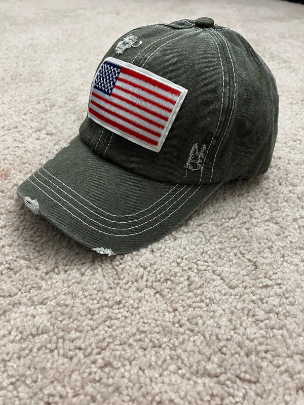 USA Flag Embroidered Distressed Denim Baseball Style Cap - Green