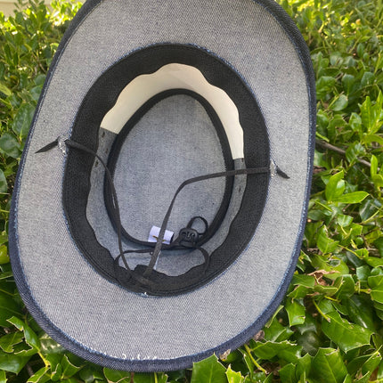 Denim Cowboy Western Hat With Braided Leather Band & Adjustable Chin Strap
