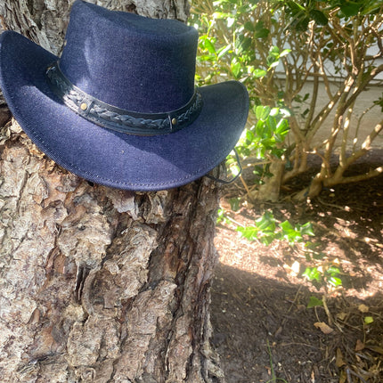 Denim Cowboy Western Hat With Braided Leather Band & Adjustable Chin Strap